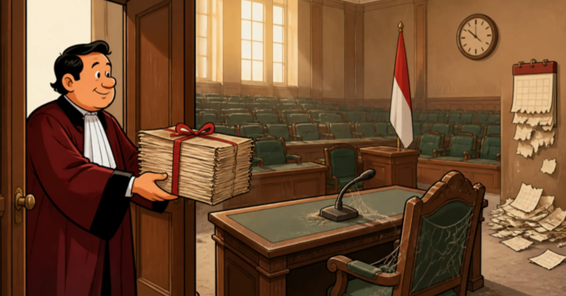 Ilustrasi hakim konstitusi menyerahkan berkas tebal ke ruang sidang legislatif yang kosong dan berdebu