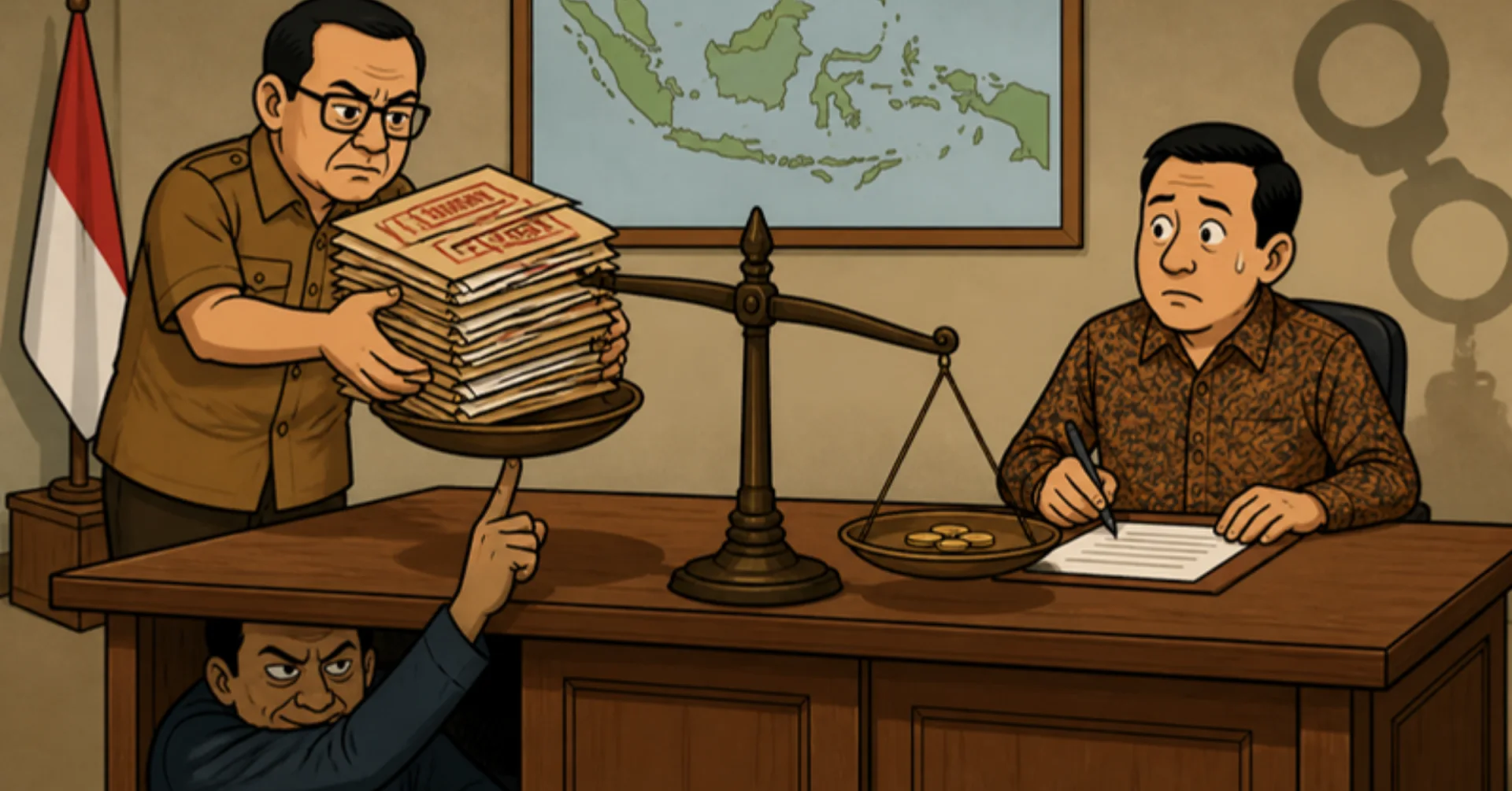 Ilustrasi auditor menuang berkas prosedur ke timbangan yang ditekan penyidik dari bawah meja, sementara pejabat berbatik ragu menandatangani dokumen