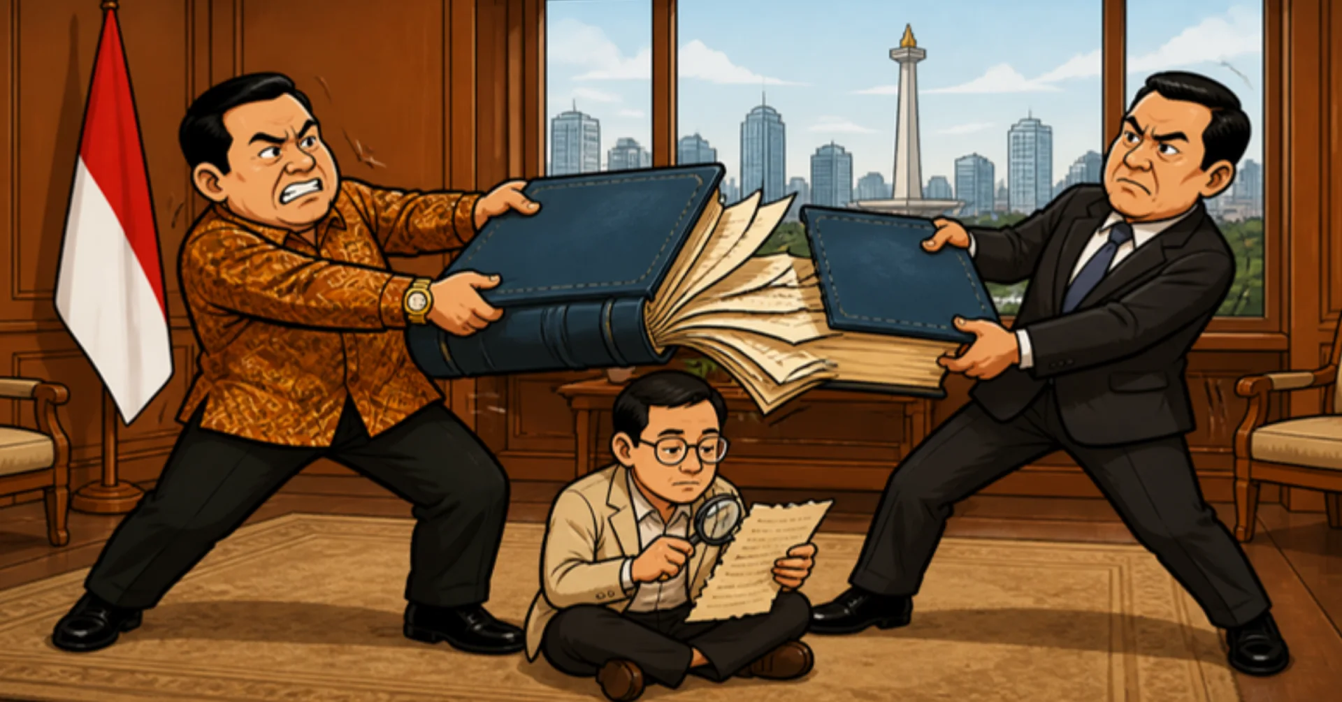 Ilustrasi dua pihak saling menarik satu buku konvensi internasional sementara seorang pembaca menelaah halamannya dengan kaca pembesar